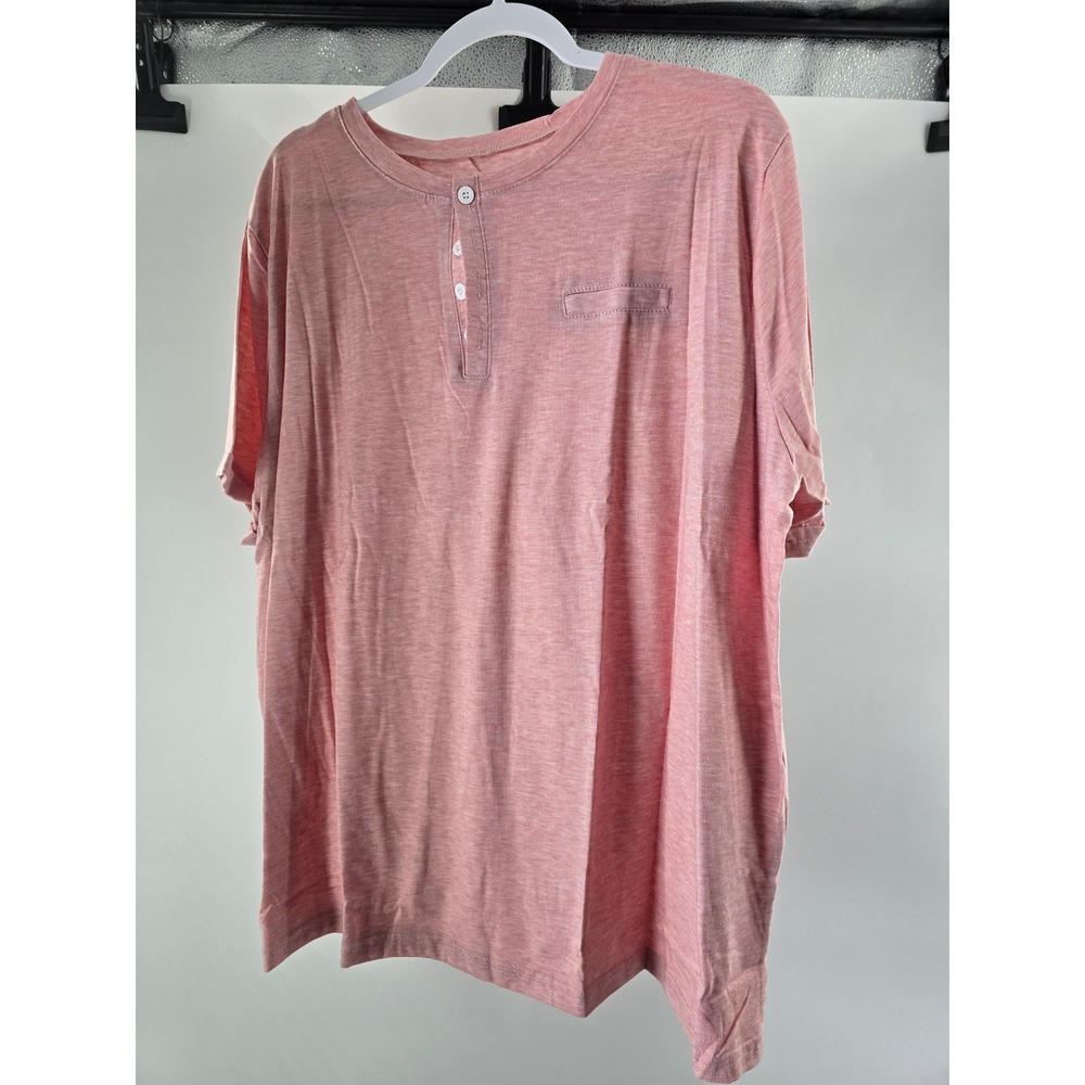 Pink Heathered Short Sleeve‎ Henley Top 3-Button Faux Pocket 4XL